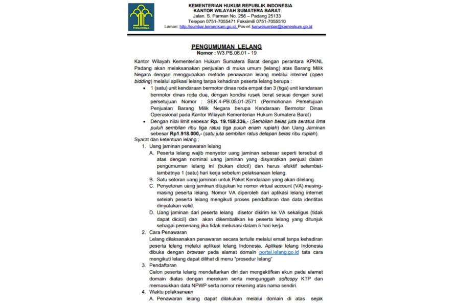Pengumuman Lelang Barang Milik Negara (BMN) di Lingkungan Kantor Wilayah Kementerian Hukum Sumatera Barat